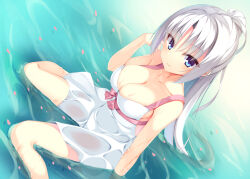 Rule 34 | 1girl, alternate costume, aria (koiiroharemoyou), arm at side, blue eyes, blush, breasts, cleavage, closed mouth, collarbone, commentary request, dress, dutch angle, eyelashes, eyes visible through hair, hair between eyes, hand up, large breasts, long hair, looking at viewer, partially submerged, ponytail, senren banka, sitting, smile, solo, straight hair, sundress, tomotake yoshino, very long hair, wariza, water, wet, wet clothes, wet dress, white dress, white hair