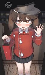 Rule 34 | 1girl, absurdres, bag, black skirt, blush, breath, brown eyes, brown hair, commentary, doorway, fang, hair between eyes, hat, highres, holding, holding bag, incredibly absurdres, japanese clothes, kantai collection, kariginu, kneehighs, korean text, lakilolom, long hair, looking at viewer, magatama, mesugaki, miniskirt, night, open mouth, pleated skirt, pov doorway, ryuujou (kancolle), shadow, skirt, socks, solo, speech bubble, translation request, twintails, visor cap, white socks
