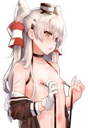Rule 34 | 10s, :o, amatsukaze (kancolle), black hat, blouse, blush, brown shirt, choker, collarbone, flat chest, from side, gloves, hair tubes, hairband, hat, kantai collection, long hair, looking at viewer, nipple piercing, nipple rings, nipples, open clothes, open shirt, piercing, shirt, simple background, solo, stomach, suspenders, topless, two side up, white background, yellow eyes, yumeki