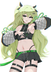 1girl :p absurdres bare_shoulders belt black_shorts breasts commentary cowboy_shot detached_sleeves double_v green_belt green_eyes green_hair green_ribbon hair_ornament hair_ribbon highres honkai_(series) honkai_impact_3rd long_hair looking_at_viewer marin_liekuriva mobius_(honkai_impact) mobius_(razer)_(honkai_impact) navel ribbon short_shorts shorts simple_background small_breasts solo stomach tongue tongue_out v white_background