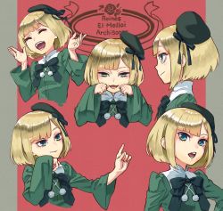 Rule 34 | 1girl, aged down, blonde hair, blue ribbon, blunt bangs, closed eyes, commentary request, copyright name, dress, eyebrows hidden by hair, fate (series), green dress, green eyes, green headwear, hat, hat ribbon, highres, long sleeves, lord el-melloi ii case files, multiple views, open mouth, pom pom (clothes), red background, reines el-melloi archisorte, ribbon, short hair, smile, tilted headwear, two-tone background, white background, yomoyama yotabanashi