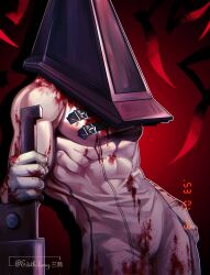 Rule 34 | 1boy, blood, blood on clothes, blood on gloves, dead by daylight, edith lanzhen, gloves, helmet, highres, holding, holding sword, holding weapon, large pectorals, male focus, muscular, muscular male, pectorals, pyramid head, silent hill (series), silent hill 2, solo, sword, twitter username, weapon, white gloves