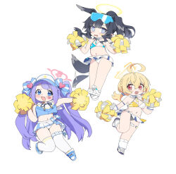 Rule 34 | 3girls, animal ears, black hair, black panties, blonde hair, blue archive, blue eyes, blush, bow, breasts, cheerleader, chibi, cleavage, crop top, dog ears, dog girl, dog tail, full body, goggles, goggles on head, hair bow, halo, hanae (blue archive), hanae (cheer squad) (blue archive), hibiki (blue archive), hibiki (cheer squad) (blue archive), highres, holding, kotori (blue archive), kotori (cheer squad) (blue archive), long hair, low twintails, medium breasts, multiple girls, nemo (leafnight), open mouth, panties, pleated skirt, pom pom (cheerleading), ponytail, red eyes, shoes, simple background, skirt, small breasts, sneakers, tail, tail wagging, thighhighs, twintails, two side up, underwear, very long hair, visor cap, white background, white footwear, white panties, white thighhighs