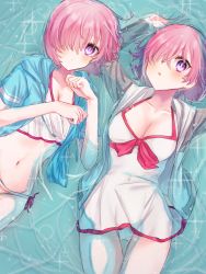 Rule 34 | 2girls, alternate costume, bikini, blue jacket, blush, breasts, cleavage, closed mouth, collarbone, commentary request, covered navel, dress swimsuit, fate/grand order, fate (series), grey jacket, hair over one eye, harukappa, highres, hood, hood down, hooded jacket, in water, jacket, long sleeves, looking at viewer, lying, mash kyrielight, mash kyrielight (swimsuit of perpetual summer), mash kyrielight (swimsuit of perpetual summer ver.02), medium breasts, multicolored bikini, multicolored clothes, multicolored jacket, multicolored swimsuit, multiple girls, navel, official alternate costume, one-piece swimsuit, one eye covered, open clothes, open jacket, open mouth, parted lips, purple eyes, see-through, short hair, short sleeves, striped bikini, striped clothes, swimsuit, swimsuit cover-up, two-tone jacket, water, wet, wet clothes, wet jacket, white bikini, white jacket