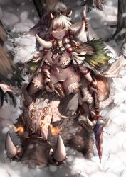 Rule 34 | 1girl, absurdres, black skin, breasts, brown eyes, cleavage, colored skin, glowing, glowing eyes, highres, large breasts, long hair, looking away, messy hair, naidong (artist), native american, navel, original, outdoors, polearm, snow, snowing, solo, spear, thick thighs, thighs, very long hair, weapon, white hair