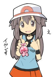 Rule 34 | 1girl, black wristband, brown eyes, brown hair, candy, creatures (company), food, game freak, hair between eyes, hand up, hat, highres, leaf (pokemon), nintendo, open mouth, pokemon, pokemon frlg, rascal (feuille), red skirt, simple background, skirt, smile, solo, white background, white hat, wristband