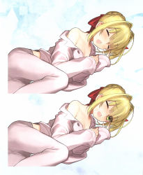 Rule 34 | 1girl, ahoge, blonde hair, breasts, buttons, closed eyes, fate/extra, fate/extra ccc, fate (series), green eyes, hair ribbon, highres, medium breasts, nero claudius (fate), nero claudius (fate) (all), nero claudius (fate/extra), off shoulder, one eye closed, open mouth, pajamas, ribbon, scan, simple background, solo, suggestive fluid, wada arco, yawning