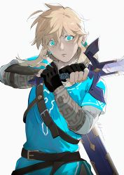 Rule 34 | 1boy,  eyes, belt, bishounen, blonde hair, closed mouth, commentary request, cowboy shot, cyan eyes, gloves, highres, holding, jewelry, kaninn, link, male focus, nintendo, pointy ears, simple background, solo, sword, the legend of zelda, the legend of zelda: breath of the wild, weapon