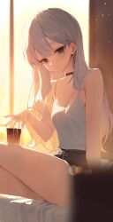 1girl absurdres aqua_eyes backlighting bare_arms bare_shoulders black_choker black_shorts blurry bokeh breasts camisole choker cleavage closed_mouth crossed_legs cup depth_of_field dolphin_shorts expressionless highres holding holding_cup huhi_(huhi_1211) long_hair looking_at_viewer mole mole_under_eye original shirt short_shorts shorts sitting sleeveless sleeveless_shirt small_breasts solo spaghetti_strap thighs white_hair white_shirt