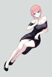 Rule 34 | &gt;:), 1girl, arm support, bare legs, bare shoulders, black dress, black footwear, blush, breasts, cleavage, closed mouth, collarbone, commentary, dress, formal, full body, go-toubun no hanayome, grey background, hair between eyes, hand up, head tilt, high heels, highres, index finger raised, large breasts, legs together, nakano ichika, off-shoulder dress, off shoulder, pink hair, profnote, short hair, simple background, sitting, smile, solo, v-shaped eyebrows