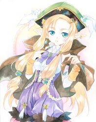 Rule 34 | 1girl, agahari, aqua eyes, bad id, bad pixiv id, blonde hair, bow, bowtie, dahlia (rune factory), earrings, feathers, female focus, hair ornament, hairclip, hat, jewelry, long hair, pointy ears, rune factory, rune factory 3, solo, twintails, white background