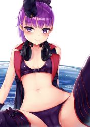 Rule 34 | 1girl, arm support, bare shoulders, bikini, bikini under clothes, black hat, blush, breasts, breasts apart, buckle, cameltoe, closed mouth, collarbone, eyelashes, fate/grand order, fate (series), foreshortening, garrison cap, hair ribbon, hat, headphones, headphones around neck, helena blavatsky (fate), helena blavatsky (swimsuit archer) (fate), helena blavatsky (swimsuit archer) (third ascension) (fate), highres, leaning back, looking at viewer, navel, open clothes, open vest, ponytail, purple bikini, purple eyes, purple hair, purple thighhighs, ribbon, short hair, simple background, sitting, sleeveless, small breasts, smile, solo, spread legs, stomach, swimsuit, thighhighs, tomojo, vest, water, white background