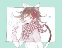 Rule 34 | . (deepblue27), 1boy, animal ear fluff, animal ears, aqua background, arm belt, belt, black scarf, buttons, cat ears, cat tail, chain, checkered clothes, checkered scarf, commentary request, danganronpa (series), danganronpa v3: killing harmony, double-breasted, fingernails, hair between eyes, heart, jacket, kemonomimi mode, long sleeves, male focus, oma kokichi, paw print, pointing, pointing at self, purple eyes, purple hair, revealing layer, scarf, short hair, sleeves past wrists, solo, tail, tongue, two-tone background, two-tone scarf, upper body, white background, white belt, white jacket, white scarf, white sleeves