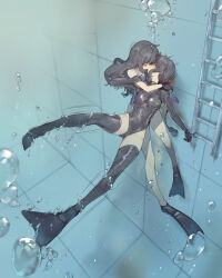 2girls absurdres air_bubble asphyxiation black_hair breasts bubble closed_eyes competition_swimsuit cuffs drowning flippers grabbing_another&#039;s_breast groping hair_ribbon hand_on_another&#039;s_arm handcuffs highleg highleg_springsuit highres hug kiss long_hair looking_at_another medium_breasts multiple_girls one-piece_swimsuit original peril pool_ladder ribbon rou_(rou22) shaded_face springsuit struggling swimsuit thighhighs underwater wide-eyed yuri