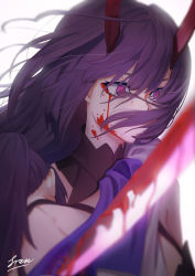 Rule 34 | 1girl, bare shoulders, blood, blood on face, bloody weapon, blurry, blurry foreground, freze, hair between eyes, holding, holding sword, holding weapon, honkai (series), honkai impact 3rd, horns, katana, purple eyes, purple hair, raiden mei, raiden mei (herrscher of thunder), simple background, solo, sword, weapon, white background, wide-eyed