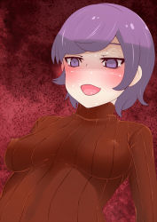 Rule 34 | 10s, 1girl, bad id, bad pixiv id, blush, breasts, courtney (pokemon), courtney (pokemon oras), covered erect nipples, creatures (company), game freak, naughty face, nintendo, no headwear, open mouth, pokemon, pokemon oras, puroheshi, purple eyes, purple hair, red background, ribbed sweater, short hair, skin tight, solo, sweater, team magma, turtleneck