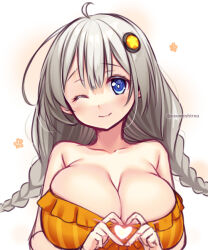 Rule 34 | 1girl, ;), ahoge, bare shoulders, blue eyes, blush, braid, breasts, cleavage, closed mouth, collarbone, dress, grey hair, hair between eyes, hair ornament, heart, heart hands, kizuna akari, large breasts, long hair, looking at viewer, low twintails, one eye closed, orange dress, smile, solo, star (symbol), strapless, strapless dress, striped clothes, striped dress, twin braids, twintails, twitter username, upper body, usume shirou, vertical-striped clothes, vertical-striped dress, voiceroid, white background