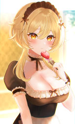 Rule 34 | absurdres, apron, blonde hair, blurry, blurry background, blush, breasts, candy, chocolate, chocolate heart, choker, cleavage, closed mouth, collarbone, food, frills, genshin impact, hair between eyes, heart, highres, holding, holding candy, holding food, large breasts, looking at viewer, lumine (genshin impact), maid, maid apron, maid headdress, short hair with long locks, short sleeves, sigggrain, solo, twitter username, upper body, yellow eyes