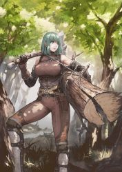 Rule 34 | 1girl, axe, axe (navigavi), bare shoulders, belt, bodysuit, breasts, character request, commentary, dappled sunlight, elbow gloves, english commentary, forest, gloves, green eyes, green hair, highres, holding, holding axe, jun (navigavi), large breasts, log, long hair, nature, open mouth, original, outdoors, rope, sash, shin guards, solo, strap, sunlight, tree