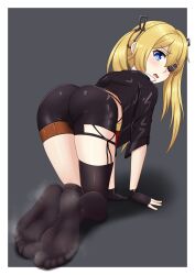 Rule 34 | 1girl, ass, black thighhighs, blonde hair, blue eyes, blush, eyepatch, feet, flickmann ss, girls&#039; frontline, highres, long hair, looking at viewer, looking back, open mouth, skorpion (girls&#039; frontline), soles, steam, thighhighs, toes, twintails