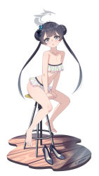 Rule 34 | 1girl, absurdres, bare legs, barefoot, black hair, blue archive, braid, braided bun, breasts, butterfly hair ornament, double bun, full body, green eyes, hair bun, hair ornament, halo, high heels, highres, kisaki (blue archive), long hair, looking at viewer, navel, shoes, unworn shoes, sitting, small breasts, twintails, xiaoxi0619