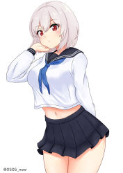 Rule 34 | 1girl, arm behind back, artist request, azur lane, black sailor collar, black skirt, blue neckerchief, blush, breasts, closed eyes, commentary request, cowboy shot, crop top, eyes visible through hair, hair between eyes, hand in own hair, hand up, highres, large breasts, looking at viewer, navel, neckerchief, pleated skirt, red eyes, sailor collar, school uniform, serafuku, short hair, short sleeves, silver hair, simple background, sirius (azur lane), skirt, solo, standing, thighs, twitter username, white background