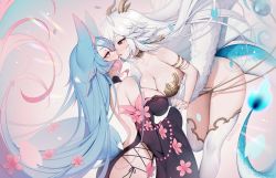 Rule 34 | 2girls, absurdres, animal ears, armlet, ass, blue hair, blue nails, breasts, brown eyes, cleavage, dragon girl, dragon tail, flame-tipped tail, highres, holding hands, horns, imminent kiss, large breasts, long hair, multiple girls, nail polish, nanoless, pink eyes, pink nails, revealing clothes, silvervale, tail, thighhighs, vei (vtuber), virtual youtuber, vshojo, white hair, wolf ears, wolf girl, wolf tail, yuri
