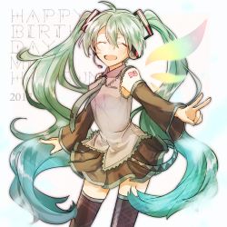 Rule 34 | 1girl, 39, :d, ^ ^, black skirt, black thighhighs, character name, closed eyes, cowboy shot, dated, detached sleeves, facing viewer, hair between eyes, happy birthday, hatsune miku, headphones, headset, highres, long hair, open mouth, pleated skirt, ryukadomatsu, shoulder tattoo, skirt, smile, solo, tattoo, thighhighs, twintails, v, very long hair, vocaloid, wavy hair, zettai ryouiki