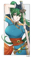 Rule 34 | 1girl, absurdres, arm up, black gloves, blue dress, breasts, character name, commentary, commission, cowboy shot, dress, english commentary, fingerless gloves, fire emblem, fire emblem: the blazing blade, gloves, green eyes, green hair, highres, holding, holding sword, holding weapon, large breasts, long hair, looking at viewer, lyn (fire emblem), nintendo, pixiv commission, scabbard, sheath, silvercandy gum, solo, standing, sword, unsheathing, very long hair, weapon, white background
