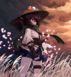 Rule 34 | 1girl, black skirt, brown hair, character request, cloud, commentary request, cosplay, feet out of frame, from side, green scarf, hat, headgear, japanese clothes, katana, kimono, obi, outdoors, petals, pleated skirt, profile, red eyes, rice hat, sash, scarf, sekiro: shadows die twice, short kimono, short twintails, skirt, sky, squid, sword, thigh strap, touhoku kiritan, twilight, twintails, umaway, voiceroid, weapon, wheat, white kimono, wind