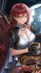 Rule 34 | 1girl, black gloves, blush, breasts, cleavage, cup, food, gloves, hair ornament, highres, himeko (honkai: star rail), holding, holding cup, honkai: star rail, honkai (series), large breasts, long hair, looking at viewer, mole, mole on breast, red hair, silence girl, single glove, smile, solo, yellow eyes