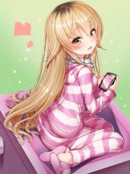 Rule 34 | 1girl, :d, blonde hair, blush, breasts, brown eyes, brown hair, cellphone, doyouwantto, from side, gradient hair, green background, hair between eyes, head tilt, headphones, headphones around neck, heart, holding, holding phone, hood, hood down, hooded pajamas, ienaga mugi, light particles, long hair, long sleeves, looking at viewer, looking to the side, multicolored hair, nijisanji, open mouth, pajamas, paw print, phone, pink pajamas, sidelocks, signature, sitting, slippers, small breasts, smartphone, smile, solo, striped clothes, striped pajamas, translation request, very long hair, virtual youtuber, white pajamas, yokozuwari