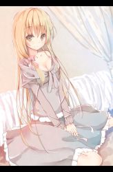 Rule 34 | 1girl, blonde hair, bow, breasts, brown eyes, cleavage, dress, hair bow, highres, letterboxed, long hair, looking at viewer, original, shirotaso0818, sitting, smile, solo, v arms, very long hair, wariza