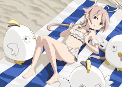 Rule 34 | 1girl, beach, beach mat, bikini, bird, blue archive, brown eyes, brown hair, commentary, english commentary, frilled bikini, frills, hair between eyes, halo, hifumi (blue archive), hifumi (swimsuit) (blue archive), knees up, long hair, looking at viewer, low twintails, lying, navel, official alternate costume, official alternate hairstyle, on back, outdoors, parted lips, peroro (blue archive), sidelocks, sixten, spaghetti strap, stomach, swimsuit, twintails, white bikini