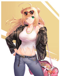 Rule 34 | 1girl, 2020, ;), ahoge, bag, bag charm, belt, belt buckle, black jacket, blonde hair, braid, breasts, buckle, character charm, character doll, character name, character request, charm (object), cleavage, closed mouth, collarbone, cowboy shot, denim, double bun, etidekailo, eyewear on head, green eyes, hair bun, hand on own hip, heart, heart-shaped eyewear, highres, holding, holding bag, idolmaster, idolmaster cinderella girls, jacket, jeans, jewelry, large breasts, long hair, long sleeves, looking at viewer, midriff, nail polish, necklace, off shoulder, one eye closed, open clothes, open jacket, pants, pink nails, red-tinted eyewear, sato shin, shirt, single bare shoulder, smile, sunglasses, swept bangs, tank top, tinted eyewear, torn clothes, torn shirt, two-tone background, zipper pull tab