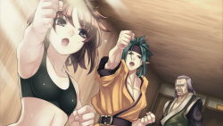 Rule 34 | 1girl, 2boys, agarest senki, agarest senki (series), agarest senki 2, age difference, aqua hair, armpits, belt, black bra, bra, breasts, brown eyes, brown hair, ceiling, clenched hands, elf, facial hair, father and daughter, fighting stance, flying sweatdrops, foreshortening, game cg, grey hair, headband, hirano katsuyuki, ignis (agarest senki), indoors, japanese clothes, liel (agarest senki), light rays, midriff, milzam (agarest senki), multiple boys, mustache, official art, old, old man, open mouth, outstretched arm, pointy ears, punching, short hair, small breasts, sports bra, sunbeam, sunlight, sweat, underwear