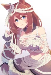 Rule 34 | 1girl, 24mbb, animal ears, bandaged arm, bandaged leg, bandages, bare shoulders, blue eyes, blush, braid, braided ponytail, breasts, brown hair, cleavage, closed mouth, commentary request, ear ornament, frilled skirt, frills, hair between eyes, horse ears, horse girl, large breasts, long hair, looking at viewer, multicolored hair, official alternate costume, simple background, skirt, smile, solo, streaked hair, super creek (chiffon ribbon mummy) (umamusume), super creek (umamusume), umamusume, very long hair, white background, white hair