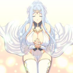 Rule 34 | 1girl, bare shoulders, blue hair, breasts, cleavage, closed eyes, huge breasts, kneeling, long hair, magaki ryouta, own hands clasped, own hands together, solo, thighhighs, white thighhighs