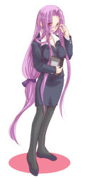 Rule 34 | 00s, 1girl, black pantyhose, business suit, fate/stay night, fate (series), formal, glasses, long hair, low-tied long hair, medusa (fate), medusa (rider) (fate), pantyhose, pencil skirt, purple eyes, purple hair, skirt, skirt suit, solo, suit, teacher, very long hair