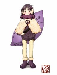 Rule 34 | 1girl, blush, boots, brown footwear, brown hair, brown sweater, commentary, earmuffs, flat chest, food, md5 mismatch, medium hair, original, pants, personification, scarf, sen (4i3lfolxnq), solo, sweater, sweet potato, tagme, winter clothes, yellow eyes, yellow pants