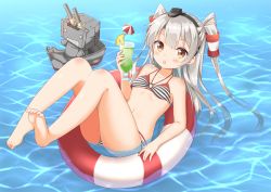 Rule 34 | 10s, 1girl, :o, afloat, alternate costume, amatsukaze (kancolle), bare shoulders, barefoot, bikini, blush, brown hair, cocktail, cocktail umbrella, cup, drinking glass, feet, food, fruit, gradient background, hair tubes, hairband, hat, holding, holding cup, hurricane glass, kantai collection, layered bikini, layered clothes, legs up, lifebuoy, long hair, looking at viewer, navel, o-ring, o-ring bikini, o-ring top, open mouth, pineapple, pineapple slice, reclining, red bikini, rensouhou-kun, silver hair, soles, solo, striped bikini, striped clothes, swim ring, swimsuit, two side up, water, yoshikita popuri