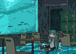 1girl absurdres aged_down black_skirt black_sleeves blue_eyes blue_hair blue_necktie broken_glass chair commentary cupcake detached_sleeves emesan_desu english_commentary english_text expressionless fish fish_tank flat_screen_tv flood food glass grey_shirt hatsune_miku highres locker necktie outstretched_arms ruins scenery shirt skirt solo table television tsukumizu_yuu_(style) vocaloid