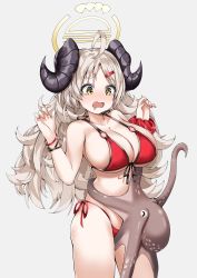Rule 34 | 1girl, absurdres, ahoge, bare arms, bare shoulders, bikini, black horns, blue archive, breasts, cleavage, cowboy shot, grey background, hair ornament, hairclip, halo, highres, horns, izumi (blue archive), izumi (swimsuit) (blue archive), large breasts, long hair, nail polish, o-ring, o-ring bikini, octopus, open mouth, pink nails, red bikini, saliva, side-tie bikini bottom, silver hair, simple background, solo, swimsuit, tor ai, wavy hair, yellow eyes