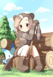 1girl :&lt; animal_ears beaver_ears beaver_tail bike_shorts bike_shorts_under_shorts blush boots bow brown_eyes brown_footwear brown_hair brown_hoodie brown_shorts cutoff_jeans cutoffs eurasian_beaver_(kemono_friends) footwear_bow hair_ornament hairclip hood hood_down hoodie kemono_friends light_brown_hair log looking_at_viewer lucky_beast_(kemono_friends) multicolored_hair onefiresticks short_hair shorts sidelocks sitting solo striped_clothes striped_hoodie tail two-tone_hoodie