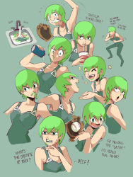 Rule 34 | bare shoulders, baseball, baseball glove, breasts, can, chibi, cleavage, cup, disposable cup, drink can, drinking, drinking straw, foo fighters (jojo), green eyes, green hair, green lips, highres, jojo no kimyou na bouken, multiple views, norue, overalls, short hair, sink, soda can, stone ocean, sweat