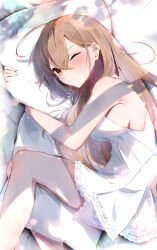 Rule 34 | 1girl, ahoge, alternate costume, bed, blush, breasts, brown eyes, brown hair, crossed bangs, dappled sunlight, dress, elphe, fetal position, fingernails, furrowed brow, highres, hololive, hololive english, long hair, looking at viewer, lying, medium breasts, multicolored hair, nanashi mumei, hugging object, official alternate hairstyle, on bed, on side, one eye closed, pillow, pillow hug, sideboob, streaked hair, sunlight, very long hair, virtual youtuber, white dress