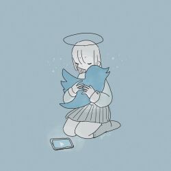 Rule 34 | 1girl, bird, blue background, cellphone, closed eyes, commentary, full body, halo, highres, hug, huyuyori 2, limited palette, long hair, long sleeves, original, phone, pleated skirt, seiza, shirt, signature, simple background, sitting, skirt, smartphone, socks, solo, sparkle, tearing up, tears, twitter, twitter bird, twitter logo