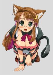 Rule 34 | 1girl, ahoge, all fours, animal ears, black thighhighs, blush, bow, breasts, brown hair, cat ears, cat tail, cleavage, crescent, crescent hair ornament, crescent moon, full body, glasses, green eyes, hair ornament, hairclip, huge breasts, issho ni h shiyo, long hair, maid, moon, original, orimoto mimana, paw pose, shoes, simple background, solo, tail, thighhighs, tsuji suzuran, very long hair, wrist cuffs