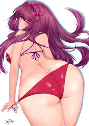 Rule 34 | 1girl, alternate costume, ass, bent over, bikini, bikini pull, blush, breasts, butt crack, clothes pull, fate/grand order, fate (series), flower, hair flower, hair ornament, hibiscus, highres, huge ass, large breasts, light smile, looking back, one-piece swimsuit pull, one eye closed, pulling own clothes, purple bikini, purple hair, red eyes, scathach (fate), scathach (fate/grand order), scathach (swimsuit assassin) (fate), signature, simple background, solo, swimsuit, toyoman, white background