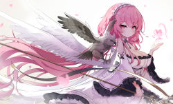 Rule 34 | 14c, 1girl, absurdres, azur lane, bird, breasts, cleavage, closed mouth, commentary, detached sleeves, hand up, highres, large breasts, long hair, looking at viewer, maid, maid headdress, owl, perseus (azur lane), petals, pink eyes, pink hair, simple background, solo, very long hair, white background, wings
